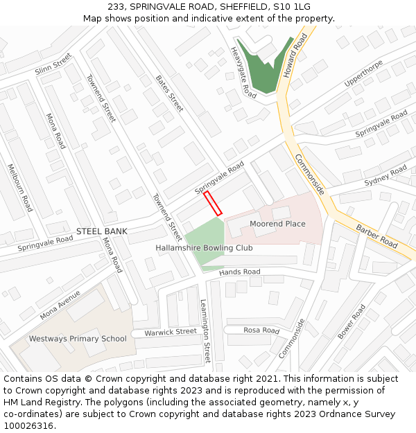 233, SPRINGVALE ROAD, SHEFFIELD, S10 1LG: Location map and indicative extent of plot