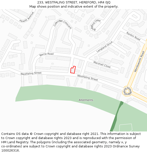 233, WESTFALING STREET, HEREFORD, HR4 0JQ: Location map and indicative extent of plot
