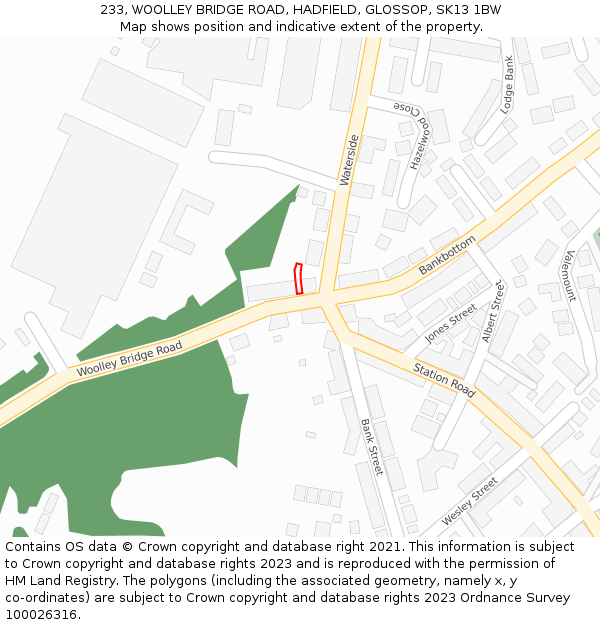 233, WOOLLEY BRIDGE ROAD, HADFIELD, GLOSSOP, SK13 1BW: Location map and indicative extent of plot