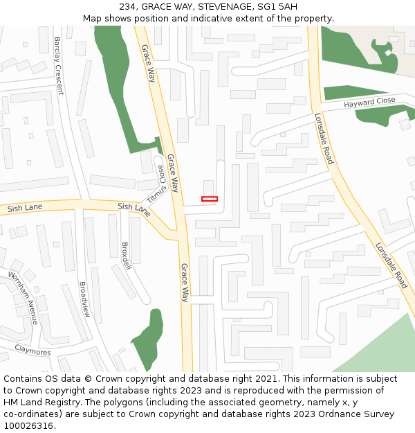 234, GRACE WAY, STEVENAGE, SG1 5AH: Location map and indicative extent of plot