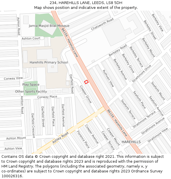 234, HAREHILLS LANE, LEEDS, LS8 5DH: Location map and indicative extent of plot