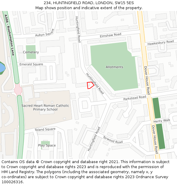 234, HUNTINGFIELD ROAD, LONDON, SW15 5ES: Location map and indicative extent of plot