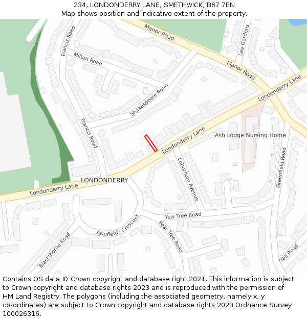 234, LONDONDERRY LANE, SMETHWICK, B67 7EN: Location map and indicative extent of plot