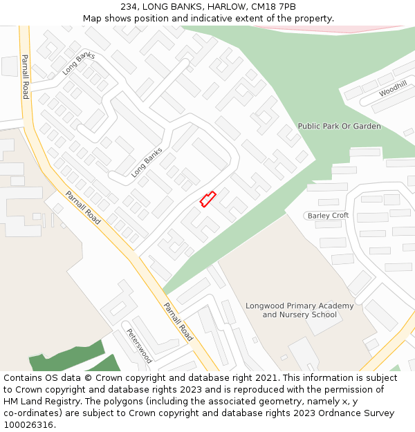 234, LONG BANKS, HARLOW, CM18 7PB: Location map and indicative extent of plot
