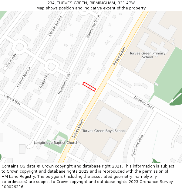 234, TURVES GREEN, BIRMINGHAM, B31 4BW: Location map and indicative extent of plot