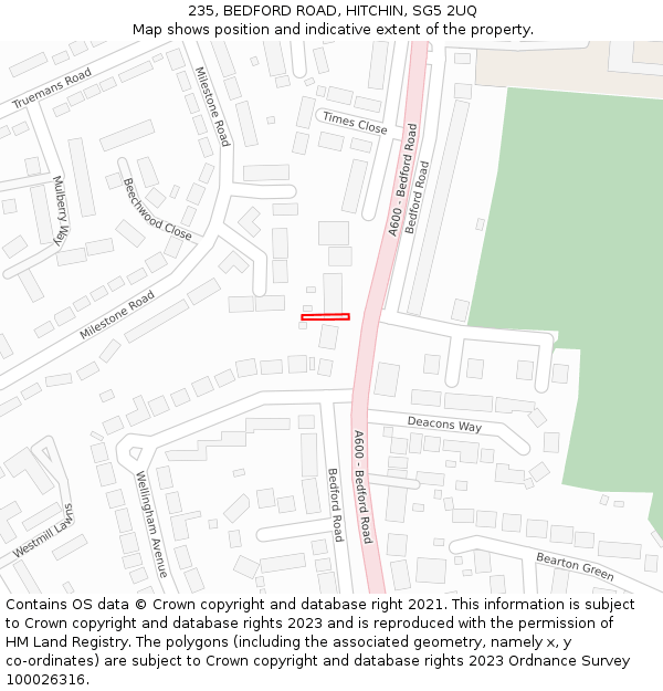 235, BEDFORD ROAD, HITCHIN, SG5 2UQ: Location map and indicative extent of plot