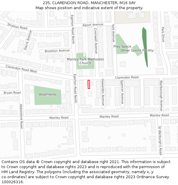 235, CLARENDON ROAD, MANCHESTER, M16 0AY: Location map and indicative extent of plot