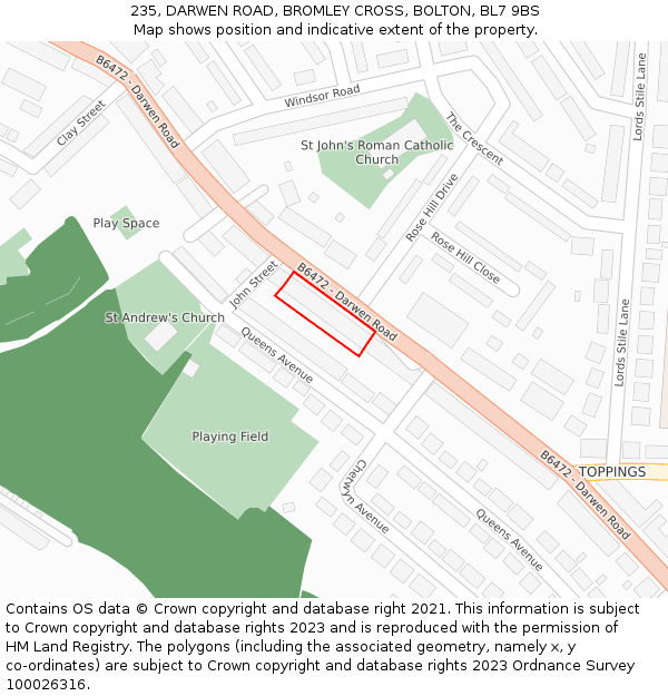 235, DARWEN ROAD, BROMLEY CROSS, BOLTON, BL7 9BS: Location map and indicative extent of plot