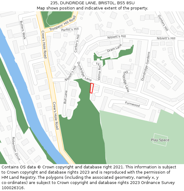 235, DUNDRIDGE LANE, BRISTOL, BS5 8SU: Location map and indicative extent of plot