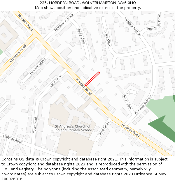 235, HORDERN ROAD, WOLVERHAMPTON, WV6 0HQ: Location map and indicative extent of plot