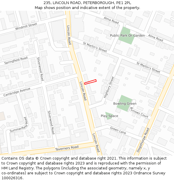 235, LINCOLN ROAD, PETERBOROUGH, PE1 2PL: Location map and indicative extent of plot