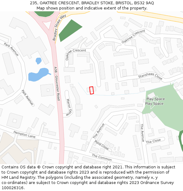 235, OAKTREE CRESCENT, BRADLEY STOKE, BRISTOL, BS32 9AQ: Location map and indicative extent of plot