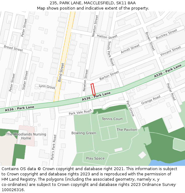 235, PARK LANE, MACCLESFIELD, SK11 8AA: Location map and indicative extent of plot