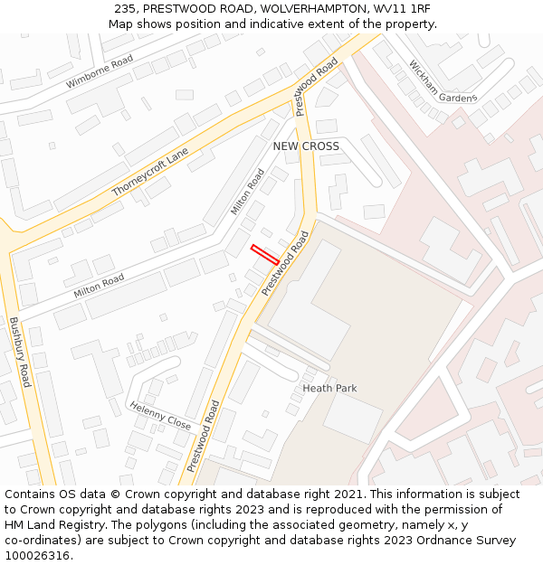 235, PRESTWOOD ROAD, WOLVERHAMPTON, WV11 1RF: Location map and indicative extent of plot