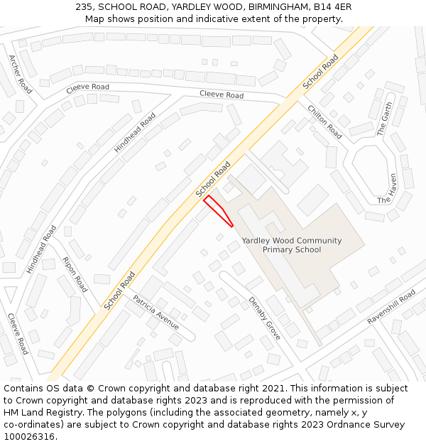 235, SCHOOL ROAD, YARDLEY WOOD, BIRMINGHAM, B14 4ER: Location map and indicative extent of plot