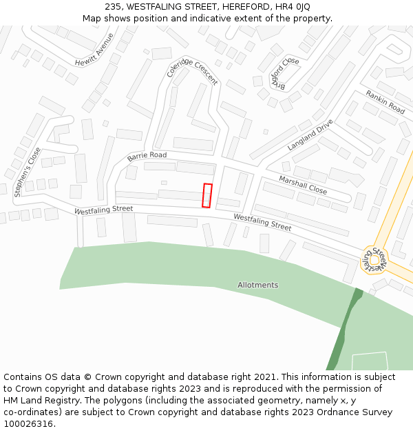 235, WESTFALING STREET, HEREFORD, HR4 0JQ: Location map and indicative extent of plot