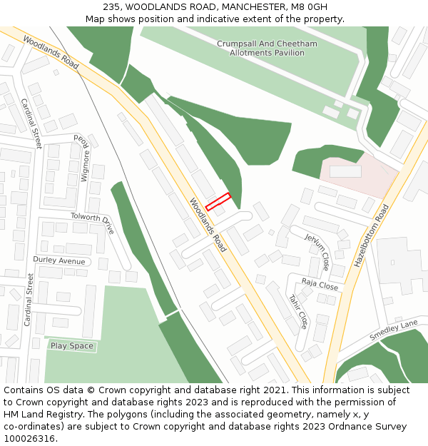 235, WOODLANDS ROAD, MANCHESTER, M8 0GH: Location map and indicative extent of plot