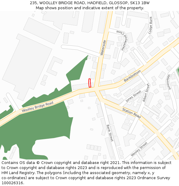 235, WOOLLEY BRIDGE ROAD, HADFIELD, GLOSSOP, SK13 1BW: Location map and indicative extent of plot