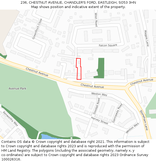 236, CHESTNUT AVENUE, CHANDLER'S FORD, EASTLEIGH, SO53 3HN: Location map and indicative extent of plot