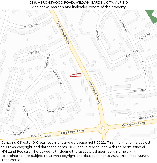 236, HERONSWOOD ROAD, WELWYN GARDEN CITY, AL7 3JQ: Location map and indicative extent of plot