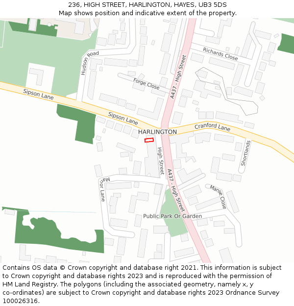 236, HIGH STREET, HARLINGTON, HAYES, UB3 5DS: Location map and indicative extent of plot