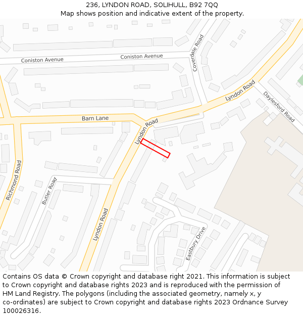 236, LYNDON ROAD, SOLIHULL, B92 7QQ: Location map and indicative extent of plot