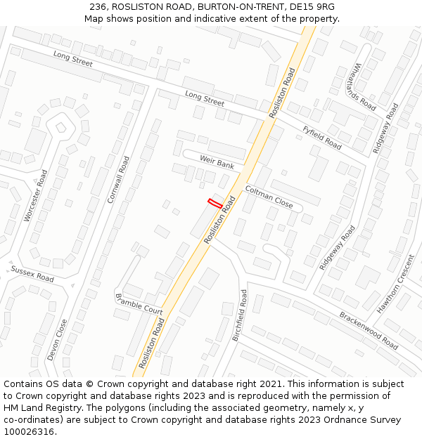 236, ROSLISTON ROAD, BURTON-ON-TRENT, DE15 9RG: Location map and indicative extent of plot