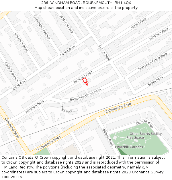 236, WINDHAM ROAD, BOURNEMOUTH, BH1 4QX: Location map and indicative extent of plot