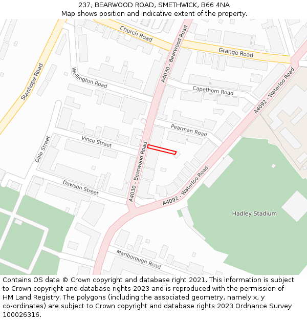 237, BEARWOOD ROAD, SMETHWICK, B66 4NA: Location map and indicative extent of plot