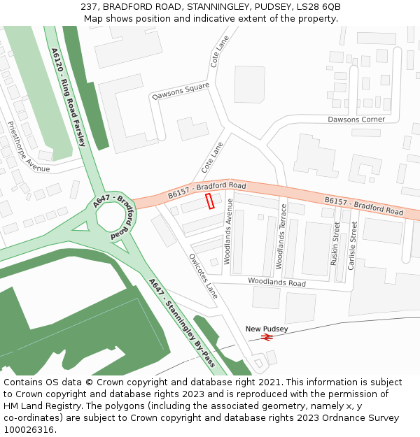 237, BRADFORD ROAD, STANNINGLEY, PUDSEY, LS28 6QB: Location map and indicative extent of plot