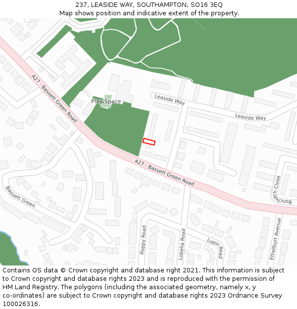 237, LEASIDE WAY, SOUTHAMPTON, SO16 3EQ: Location map and indicative extent of plot