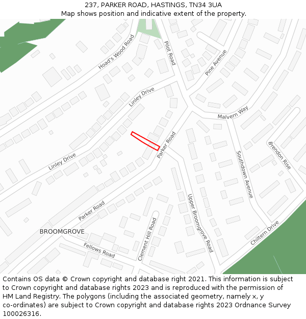 237, PARKER ROAD, HASTINGS, TN34 3UA: Location map and indicative extent of plot
