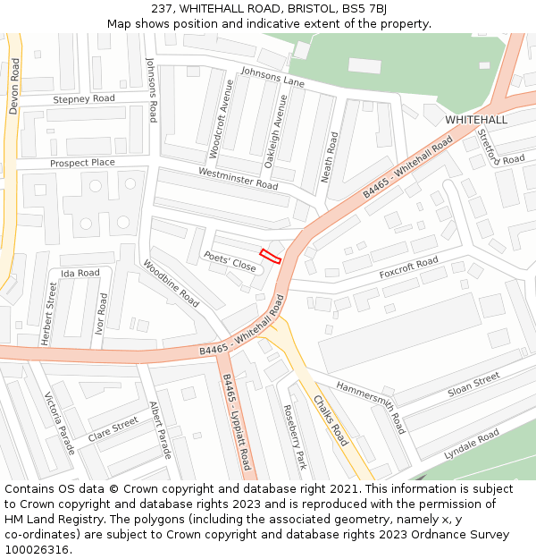237, WHITEHALL ROAD, BRISTOL, BS5 7BJ: Location map and indicative extent of plot