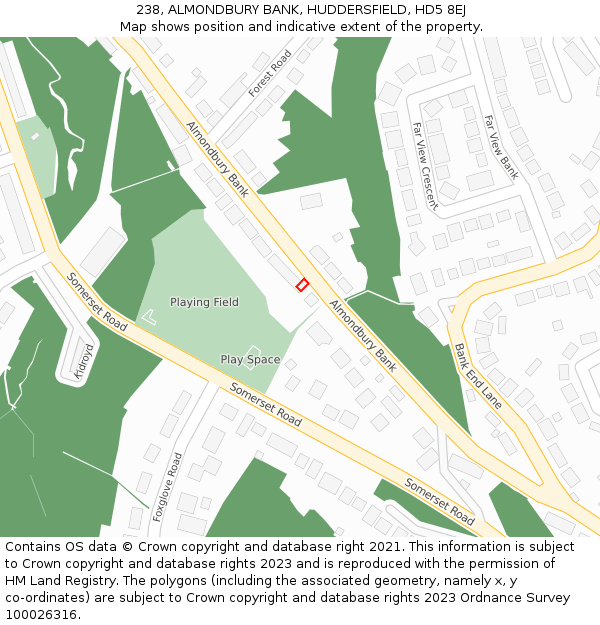 238, ALMONDBURY BANK, HUDDERSFIELD, HD5 8EJ: Location map and indicative extent of plot