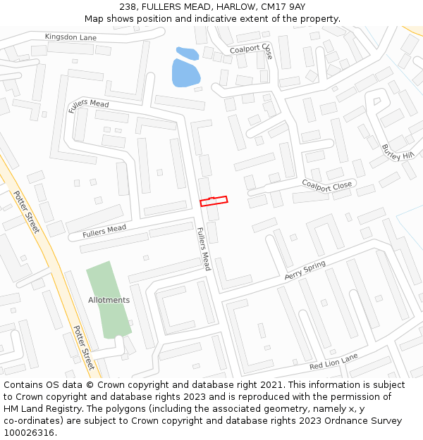 238, FULLERS MEAD, HARLOW, CM17 9AY: Location map and indicative extent of plot