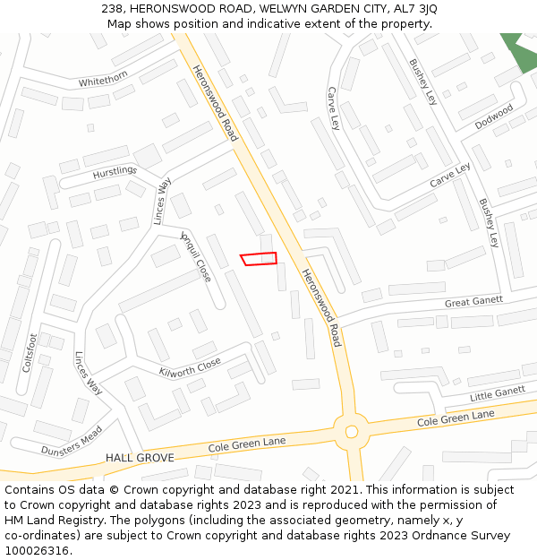238, HERONSWOOD ROAD, WELWYN GARDEN CITY, AL7 3JQ: Location map and indicative extent of plot