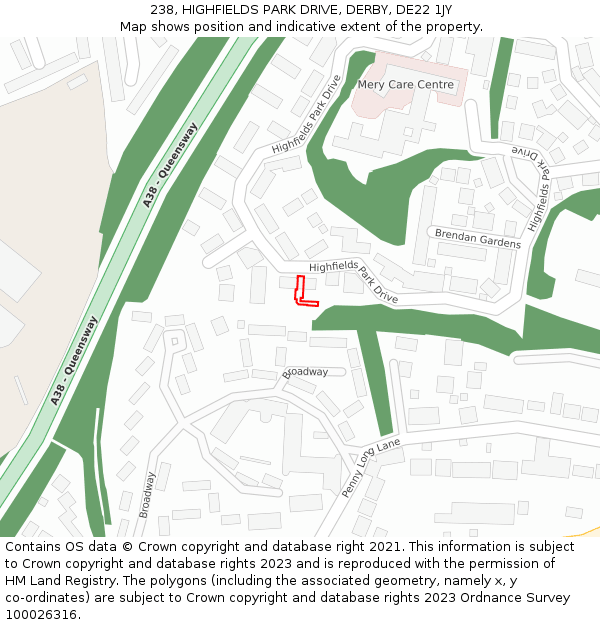 238, HIGHFIELDS PARK DRIVE, DERBY, DE22 1JY: Location map and indicative extent of plot