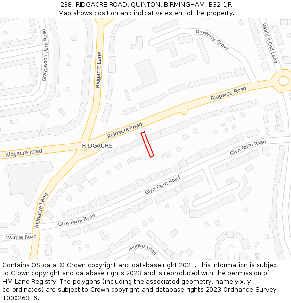 238, RIDGACRE ROAD, QUINTON, BIRMINGHAM, B32 1JR: Location map and indicative extent of plot