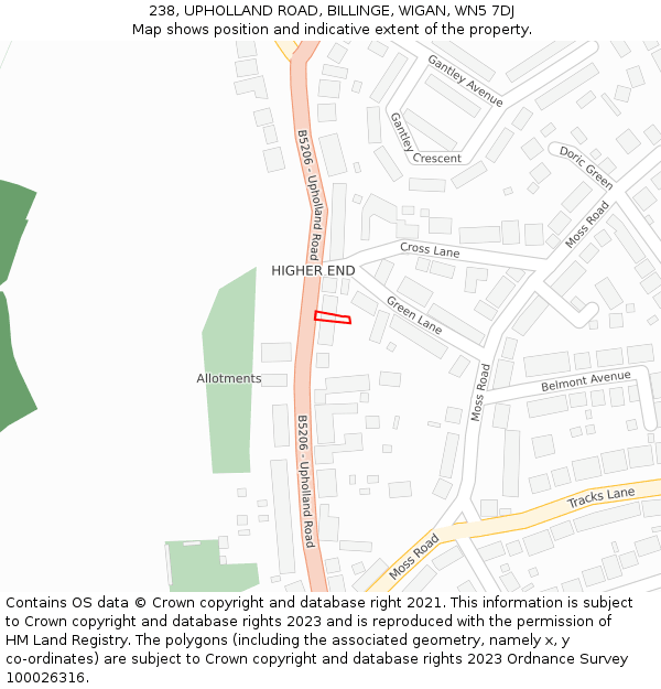 238, UPHOLLAND ROAD, BILLINGE, WIGAN, WN5 7DJ: Location map and indicative extent of plot