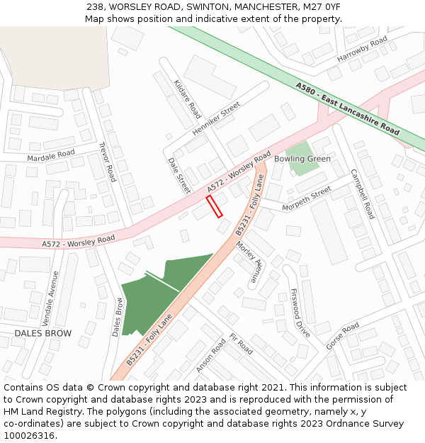 238, WORSLEY ROAD, SWINTON, MANCHESTER, M27 0YF: Location map and indicative extent of plot