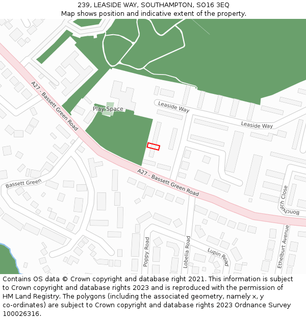 239, LEASIDE WAY, SOUTHAMPTON, SO16 3EQ: Location map and indicative extent of plot