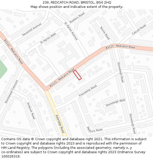 239, REDCATCH ROAD, BRISTOL, BS4 2HQ: Location map and indicative extent of plot