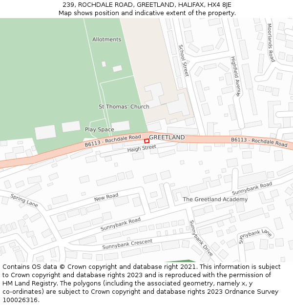 239, ROCHDALE ROAD, GREETLAND, HALIFAX, HX4 8JE: Location map and indicative extent of plot