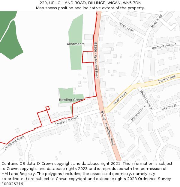 239, UPHOLLAND ROAD, BILLINGE, WIGAN, WN5 7DN: Location map and indicative extent of plot