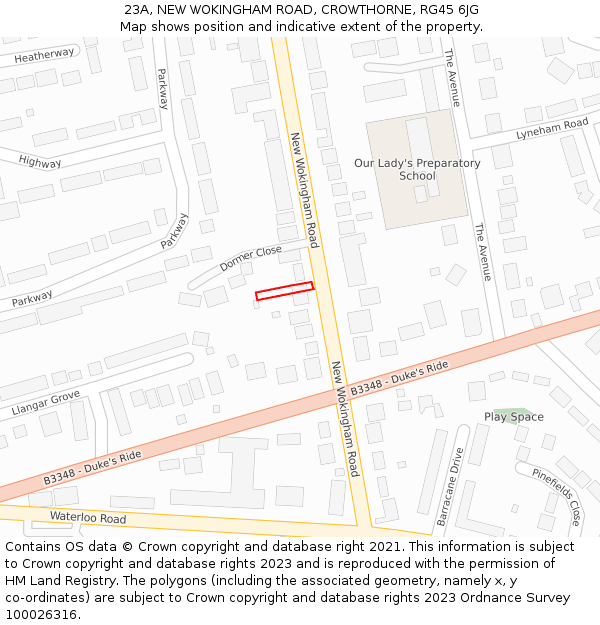 23A, NEW WOKINGHAM ROAD, CROWTHORNE, RG45 6JG: Location map and indicative extent of plot