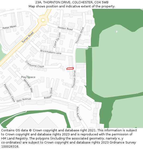 23A, THORNTON DRIVE, COLCHESTER, CO4 5WB: Location map and indicative extent of plot