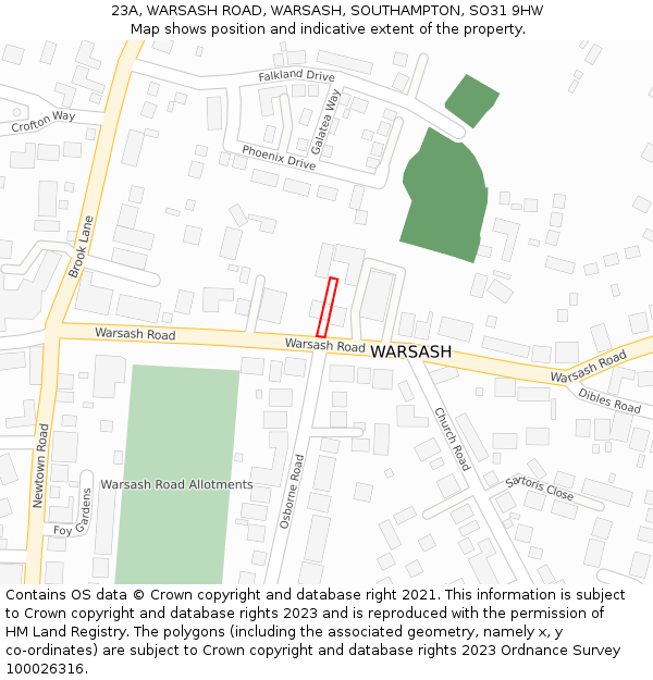 23A, WARSASH ROAD, WARSASH, SOUTHAMPTON, SO31 9HW: Location map and indicative extent of plot