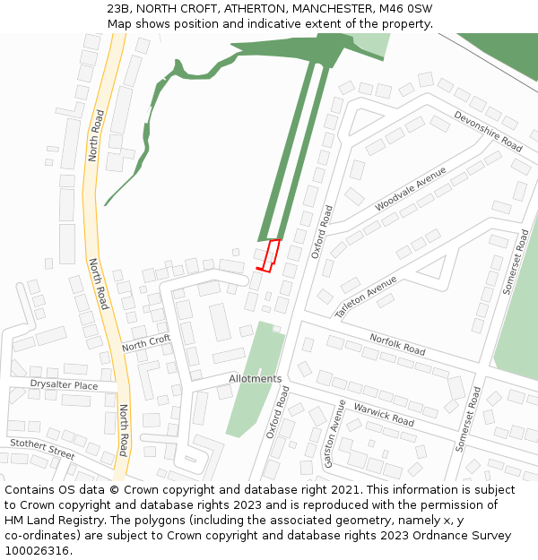 23B, NORTH CROFT, ATHERTON, MANCHESTER, M46 0SW: Location map and indicative extent of plot