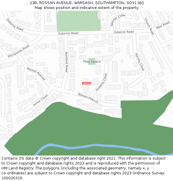 23B, ROSSAN AVENUE, WARSASH, SOUTHAMPTON, SO31 9JQ: Location map and indicative extent of plot