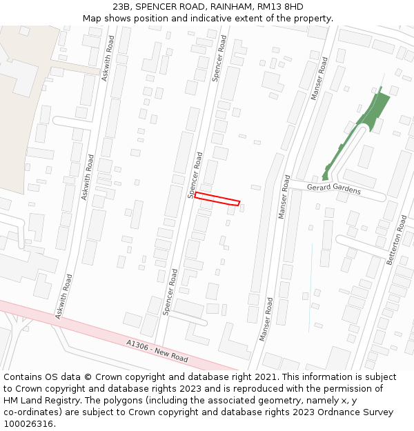 23B, SPENCER ROAD, RAINHAM, RM13 8HD: Location map and indicative extent of plot